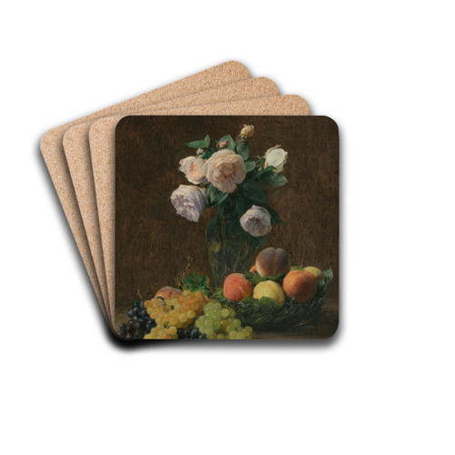 Nature Morte; Vase De Roses, Pches Et Raisins by Henri Fantin-Latour Drink Coasters - set of 4