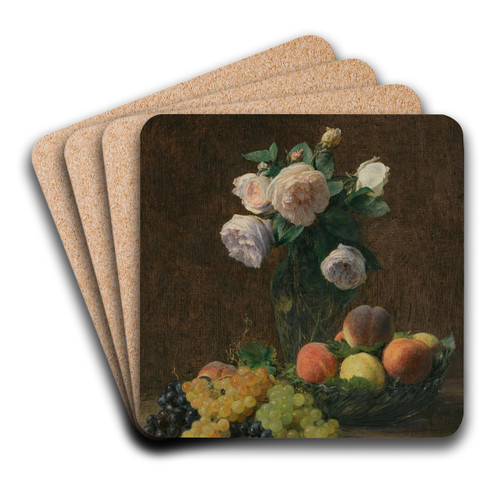 Nature Morte; Vase De Roses, Pches Et Raisins by Henri Fantin-Latour Art Drink Coaster set