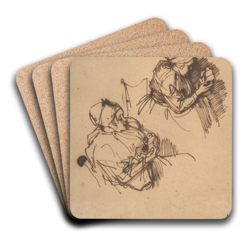 Two Studies of a Woman Reading by Rembrandt van Rijn Art Drink Coaster set
