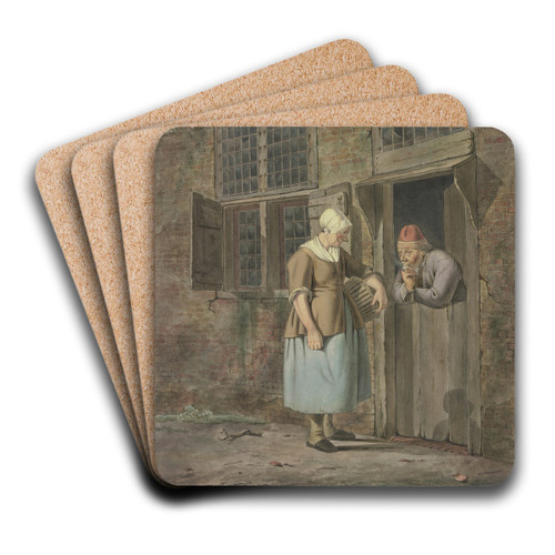 An einer Haustr spricht ein rauchender Mann mit einer Frau, die einen Korb trgt by Johannes Christiaan Janson Art Drink Coaster set An einer Haustr spricht ein rauchender Mann mit einer Frau, die einen Korb trgt by Johannes Christiaan Janson Art Drink Coaster set
