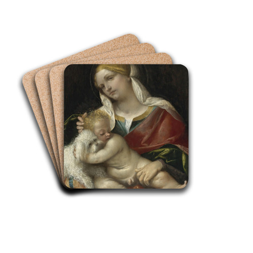 Madonna And Child With A Dog by Moretto Da Brescia Drink Coasters - set of 4 Madonna And Child With A Dog by Moretto Da Brescia Drink Coasters - set of 4
