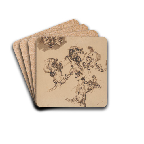 Studies of a Rearing Horse Attacked by a Lion and a Lion Wrestling with a Serpent by Eugne Delacroix Drink Coasters - set of 4 Studies of a Rearing Horse Attacked by a Lion and a Lion Wrestling with a Serpent by Eugne Delacroix Drink Coasters - set of 4