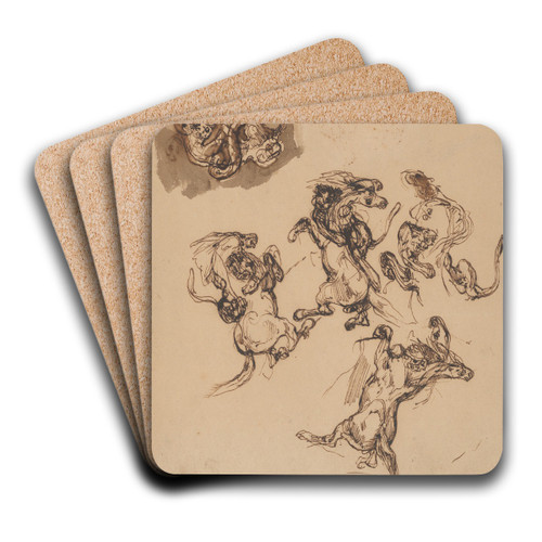 Studies of a Rearing Horse Attacked by a Lion and a Lion Wrestling with a Serpent by Eugne Delacroix Art Drink Coaster set
