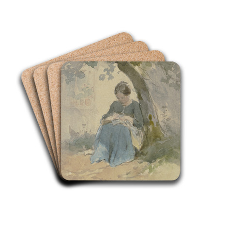 Frau mit Nharbeit unter einem Baum sitzend by Philipp Rumpf Drink Coasters - set of 4