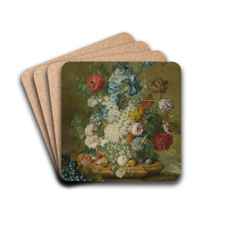 Still Life Of Peonies, Primroses, Irises, Tulips, A Poppy And Other Flowers With Grapes, A Melon, A Pomegranate, Peaches, Plums And Nuts by Jacobus Linthorst Drink Coasters - set of 4