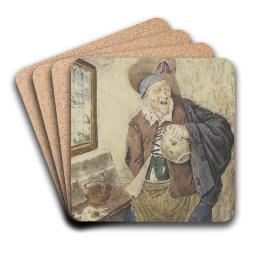 Zerlumpter Bauer bei einem Fenster, den Krug in der Hand by Cornelis Dusart Art Drink Coaster set