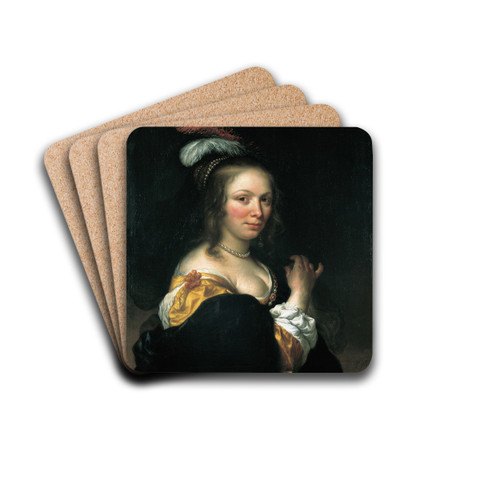 Portrait of a woman wearing a hat with feathers by Govert Flinck Drink Coasters - set of 4 Portrait of a woman wearing a hat with feathers by Govert Flinck Drink Coasters - set of 4