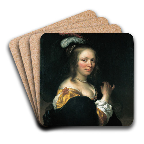 Portrait of a woman wearing a hat with feathers by Govert Flinck Art Drink Coaster set