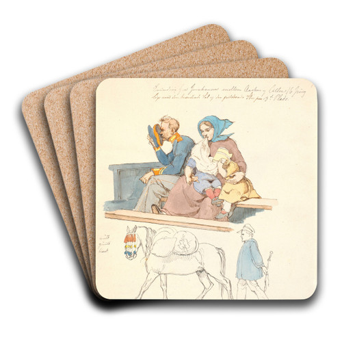Soldat og kone med to brn, siddende p en bnk Fn en hest med oppakning fulgt af en mand by Johan Thomas Lundbye Art Drink Coaster set