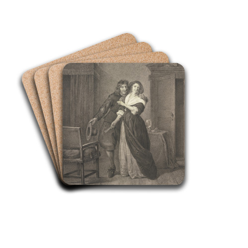 In einem Zimmer mit einem Betthimmel liebkost ein Mann eine junge Frau by Johannes Pieter De Frey Drink Coasters - set of 4