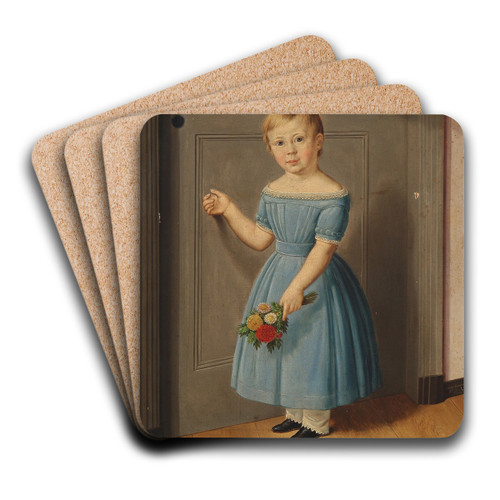 En pige banker p dren holdende en buket blomster i hnden by Carl Goos Art Drink Coaster set