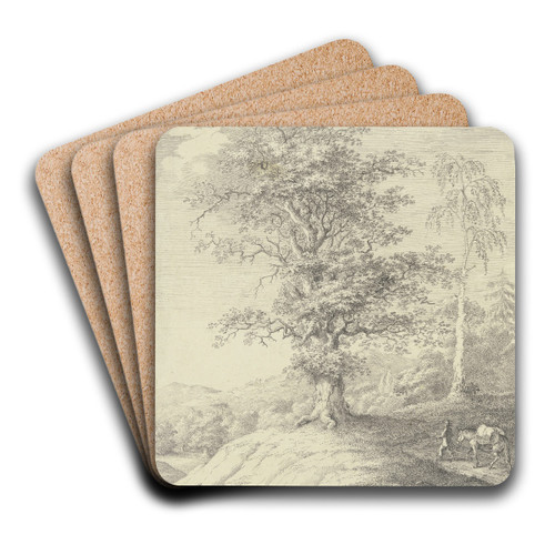 Eichbaum und Birke auf einer Anhhe, von rechts fhrt ein Mann ein bepacktes Pferd herbei by Johann Georg Pforr Art Drink Coaster set