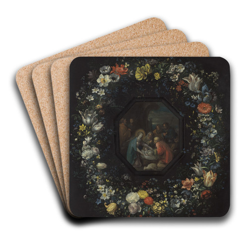Garland of Flowers with Adoration of the Shepherds by Frans Francken the Younger Art Drink Coaster set