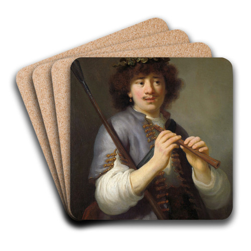 Rembrandt as a Shepherd with a Staff and Flute by Govert Flinck Art Drink Coaster set Rembrandt as a Shepherd with a Staff and Flute by Govert Flinck Art Drink Coaster set