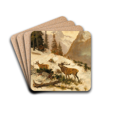 Roe Deer in a Mountain Landscape in Winter by Georg Berger Drink Coasters - set of 4