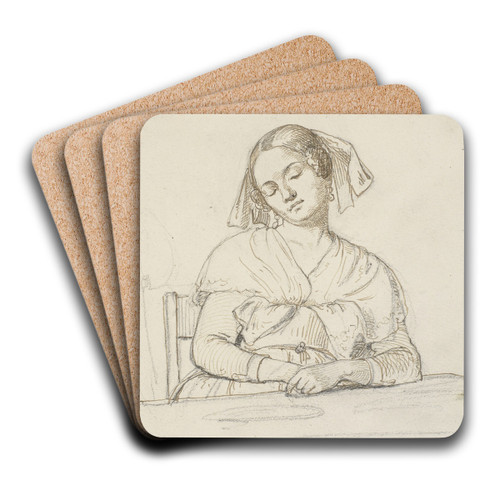 Sovende kvinde, siddende ved et bord by Wilhelm Marstrand Art Drink Coaster set