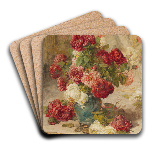 A still life with roses in a vase and a fan by Georges Jeannin Art Drink Coaster set