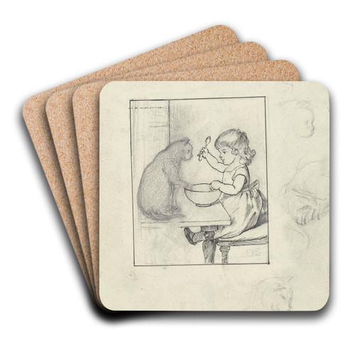 Kind am Esstisch mit Katze, rechts vier Skizzen eines Katzenkopfes im Profil by Otto Scholderer Art Drink Coaster set