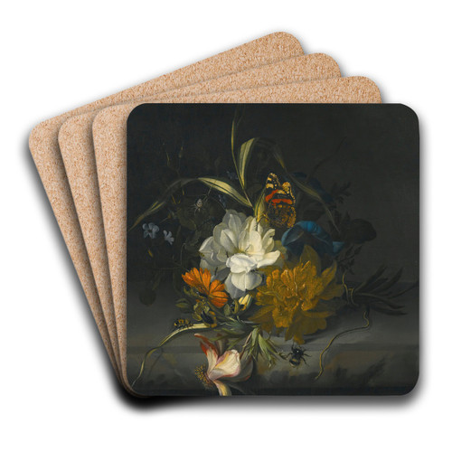 Still Life With Marigolds, Morning Glory, A Passion Flower And Other Assorted Flowers, Together With Insects On A Stone Ledge by Rachel Ruysch Art Drink Coaster set Still Life With Marigolds, Morning Glory, A Passion Flower And Other Assorted Flowers, Together With Insects On A Stone Ledge by Rachel Ruysch Art Drink Coaster set