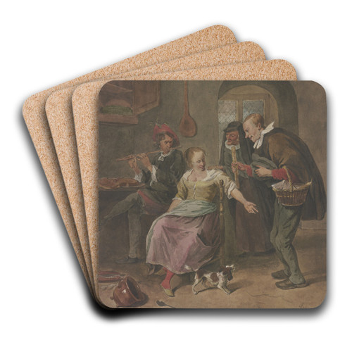 In einem Zimmer spielt ein Mann die Flte, dabei sitzt eine Frau, die mit einem Mann spricht, der ein Krbchen trgt, hinter beiden eine alte Frau by Hermanus Numan Art Drink Coaster set