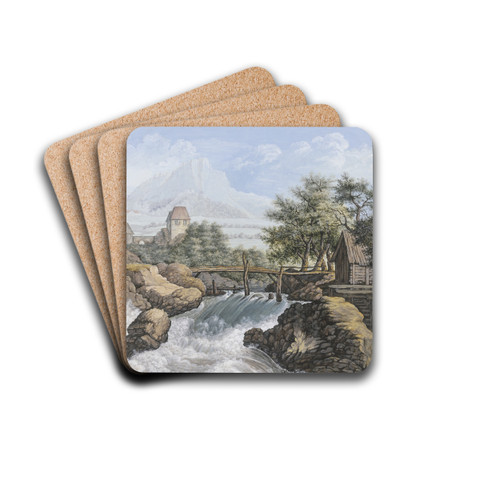 Ein reiender Bach mit einer Brcke und Blick in ein Tal by Johann David Passavant Drink Coasters - set of 4