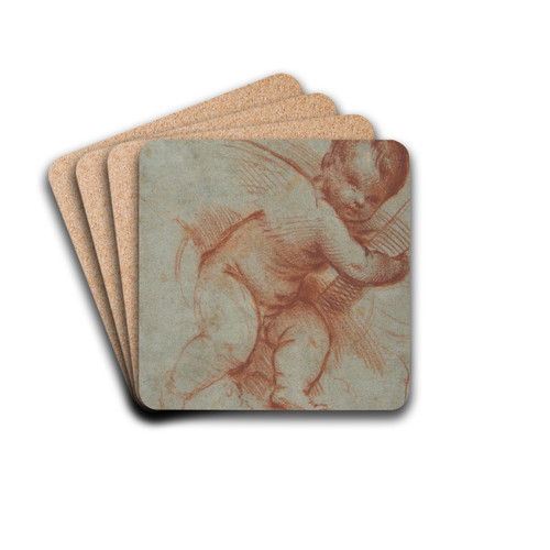 Winged Putto Holding the Base of a Cross by Circle of Titian Drink Coasters - set of 4 Winged Putto Holding the Base of a Cross by Circle of Titian Drink Coasters - set of 4