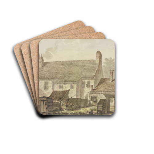 Huserzeile am Wasser, vorne zwei Khne mit einem Angler by Johannes Hendrik Knoop Drink Coasters - set of 4
