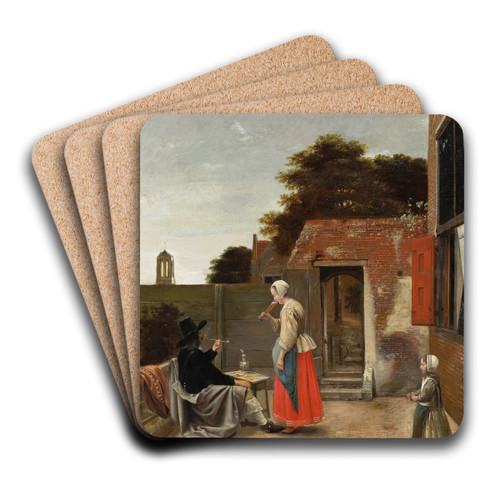 A Man Smoking and a Woman Drinking in a Courtyard by Pieter De Hooch Art Drink Coaster set