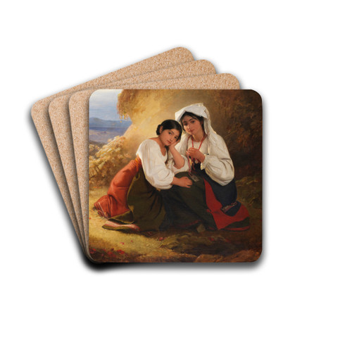 Zwei Mdchen in Albaner Tracht by August Riedel Drink Coasters - set of 4 Zwei Mdchen in Albaner Tracht by August Riedel Drink Coasters - set of 4