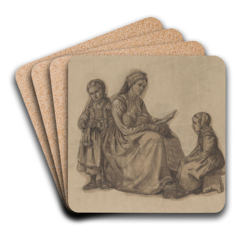 Kvinne med spedbarn som leser for to smpiker by Adolph Tidemand Art Drink Coaster set