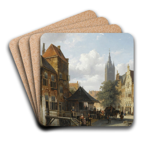 Figures At The Fish Market In Delft by Cornelis Springer Art Drink Coaster set Figures At The Fish Market In Delft by Cornelis Springer Art Drink Coaster set