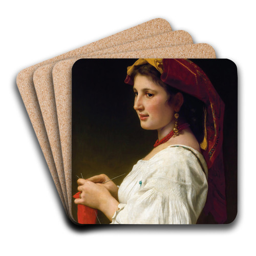 The Little Knitter by William Bouguereau Art Drink Coaster set