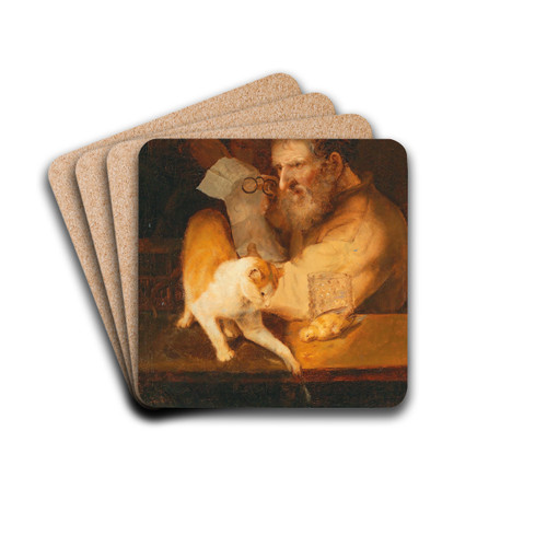 An Old Man Holding A Letter, With A Cat On A Ledge by Christoph Paudiss Drink Coasters - set of 4 An Old Man Holding A Letter, With A Cat On A Ledge by Christoph Paudiss Drink Coasters - set of 4
