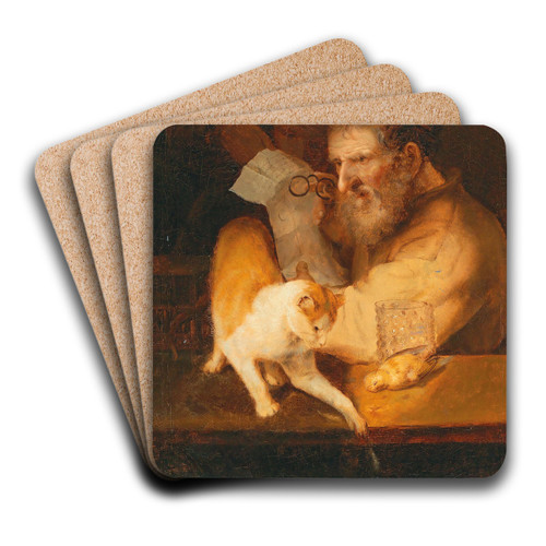 An Old Man Holding A Letter, With A Cat On A Ledge by Christoph Paudiss Art Drink Coaster set An Old Man Holding A Letter, With A Cat On A Ledge by Christoph Paudiss Art Drink Coaster set