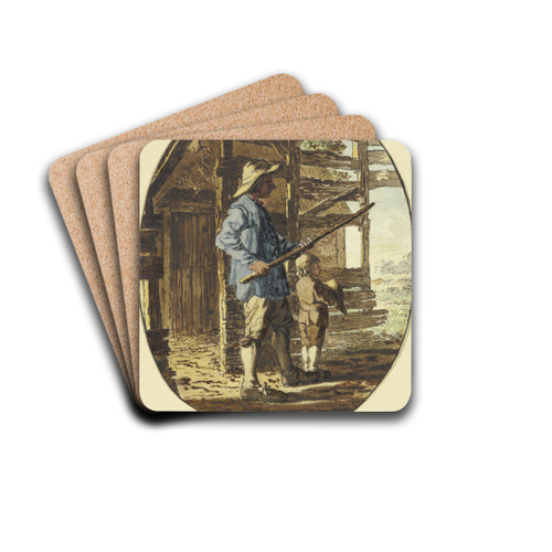 In einem Bretterverschlag steht ein Mann mit einem Stock in abwehrender Haltung, vor ihm ein Knabe, seinen Hut vor den Krper haltend by Steven Gobl Drink Coasters - set of 4 In einem Bretterverschlag steht ein Mann mit einem Stock in abwehrender Haltung, vor ihm ein Knabe, seinen Hut vor den Krper haltend by Steven Gobl Drink Coasters - set of 4