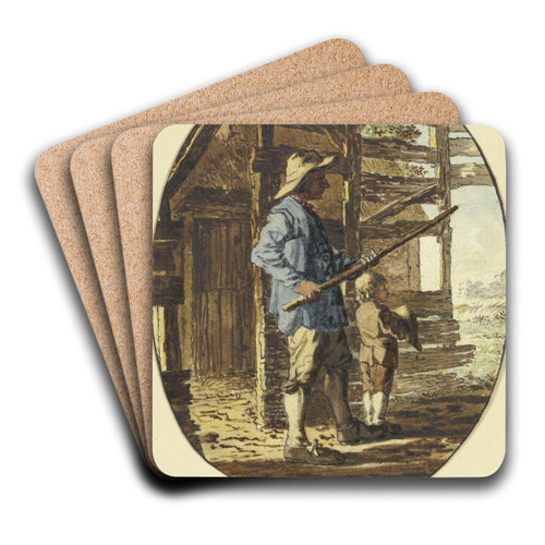 In einem Bretterverschlag steht ein Mann mit einem Stock in abwehrender Haltung, vor ihm ein Knabe, seinen Hut vor den Krper haltend by Steven Gobl Art Drink Coaster set In einem Bretterverschlag steht ein Mann mit einem Stock in abwehrender Haltung, vor ihm ein Knabe, seinen Hut vor den Krper haltend by Steven Gobl Art Drink Coaster set