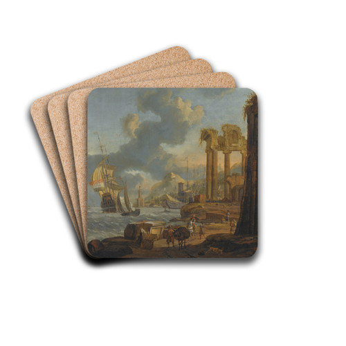 A Mediterranean Harbour Scene With Travellers On The Shore, A Dutch Man-Of-War On The Left by Abraham Storck Drink Coasters - set of 4
