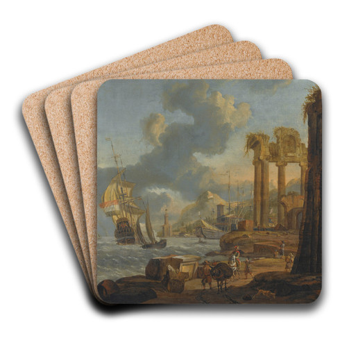 A Mediterranean Harbour Scene With Travellers On The Shore, A Dutch Man-Of-War On The Left by Abraham Storck Art Drink Coaster set