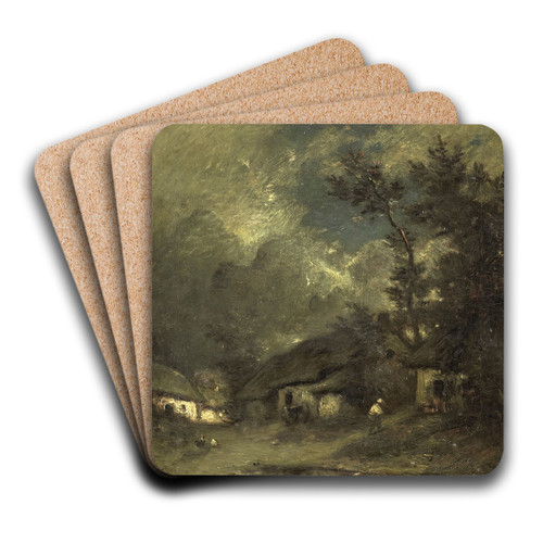 A Village by Night by Jules Dupr Art Drink Coaster set