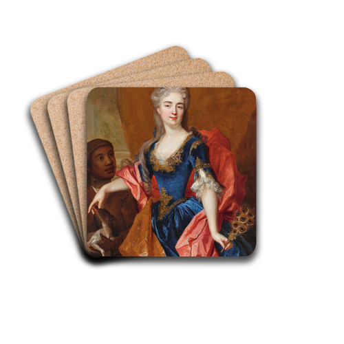 Portrait of a lady, holding a peacock feather fan with her servant, holding a dog by Nicolas de Largillire Drink Coasters - set of 4