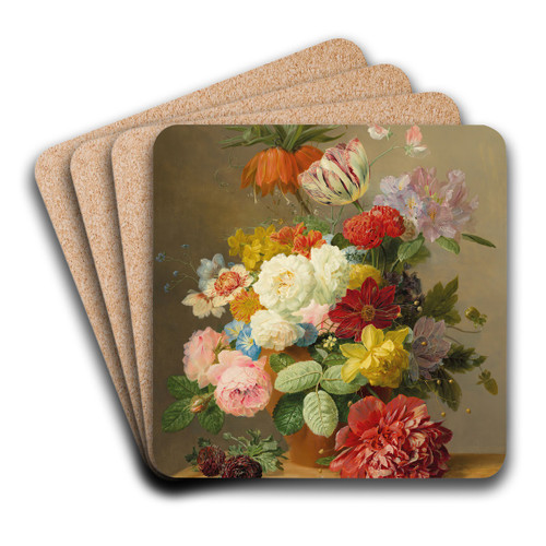 Still life with roses, peonies, tulips, narcissi, convulvulus and others in a vase on a marble ledge by Arnoldus Bloemers Art Drink Coaster set