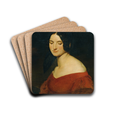 Dame in indischrotem Kleid by Joseph Hasslwander Drink Coasters - set of 4 Dame in indischrotem Kleid by Joseph Hasslwander Drink Coasters - set of 4