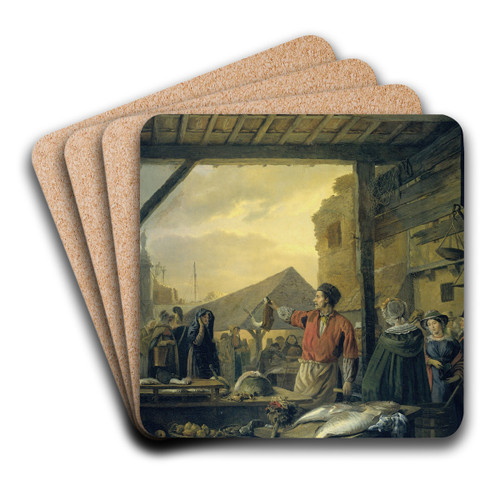 The Fish Market in Antwerp, Ignatius Josephus Van Regemorter by Ignatius Josephus Van Regemorter Art Drink Coaster set