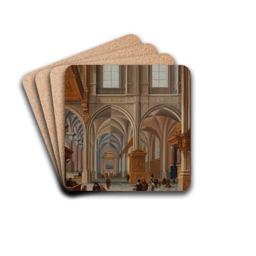 Interior of a church with elegantly dressed figures, friars and a clergyman by Bartholomeus van Bassen Drink Coasters - set of 4 Interior of a church with elegantly dressed figures, friars and a clergyman by Bartholomeus van Bassen Drink Coasters - set of 4