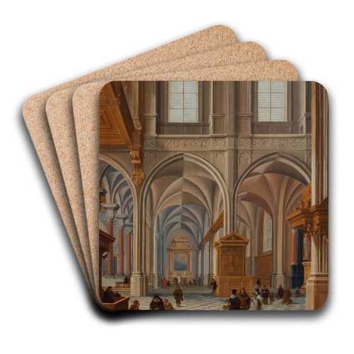 Interior of a church with elegantly dressed figures, friars and a clergyman by Bartholomeus van Bassen Art Drink Coaster set Interior of a church with elegantly dressed figures, friars and a clergyman by Bartholomeus van Bassen Art Drink Coaster set
