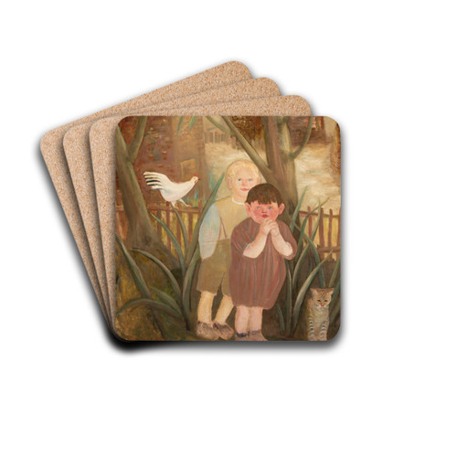 Two children with a cat by Tadeusz Makowski Drink Coasters - set of 4 Two children with a cat by Tadeusz Makowski Drink Coasters - set of 4