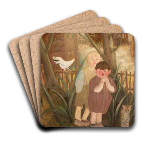 Two children with a cat by Tadeusz Makowski Art Drink Coaster set Two children with a cat by Tadeusz Makowski Art Drink Coaster set