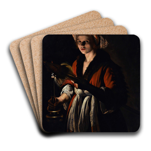 A Young Woman Holding A Distaff Before A Lit Candle by Adam de Coster Art Drink Coaster set A Young Woman Holding A Distaff Before A Lit Candle by Adam de Coster Art Drink Coaster set