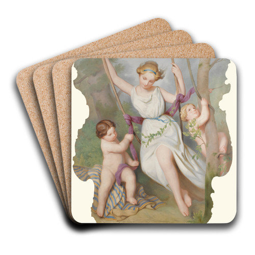 Girl On A Swing With Two Children by Continental School Art Drink Coaster set
