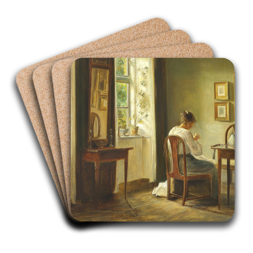 Interir med kvinde der syr ved vinduet by Carl Holse Art Drink Coaster set